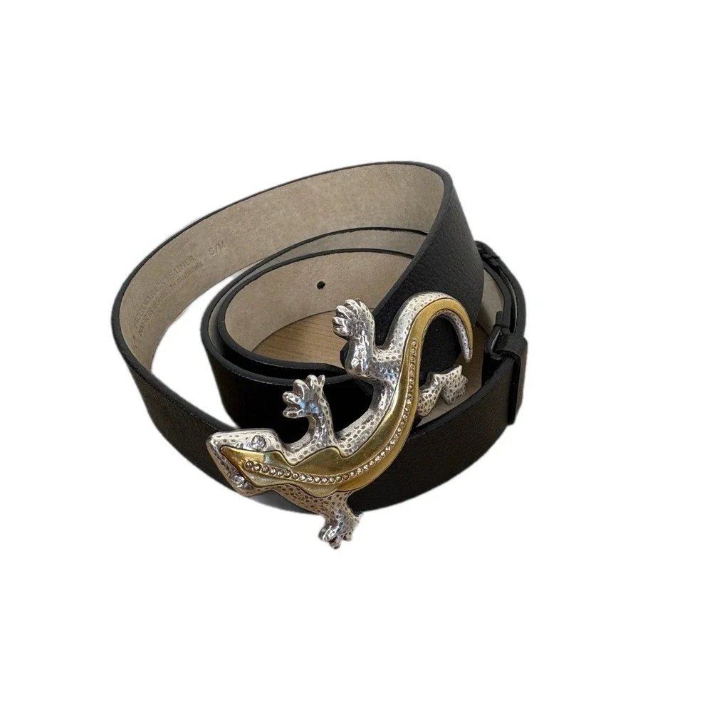Vintage Chicos Black Leather Gecko Belt Womens Size S/M‎ Silver Gold Embellished